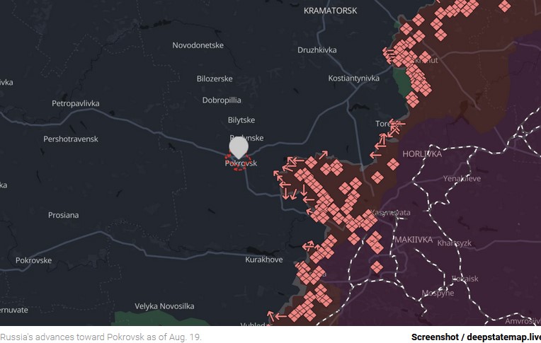 Russia's advances toward Pokrovsk as of Aug. 19 (Moscow Times)